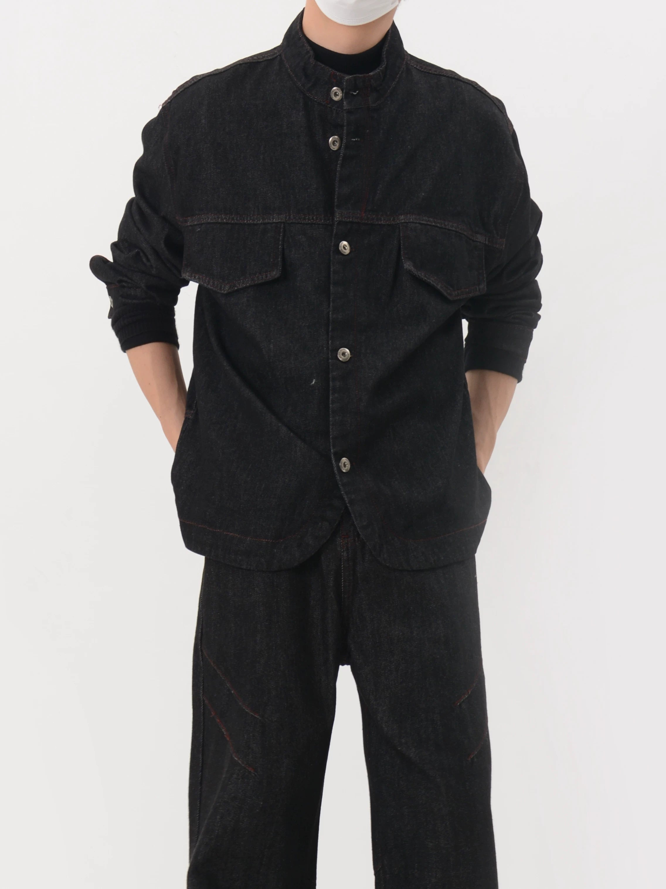 Stand-Collar Utility Pocket Denim Jacket