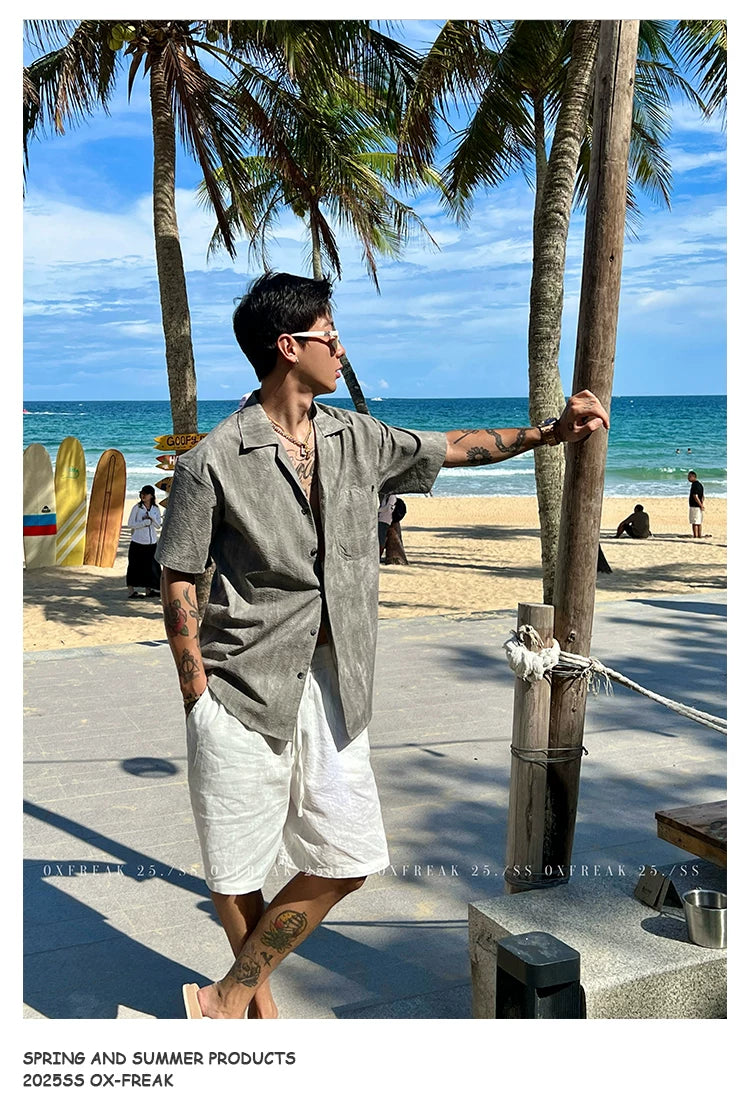 Seersucker Cuban Collar Short-Sleeve Shirt