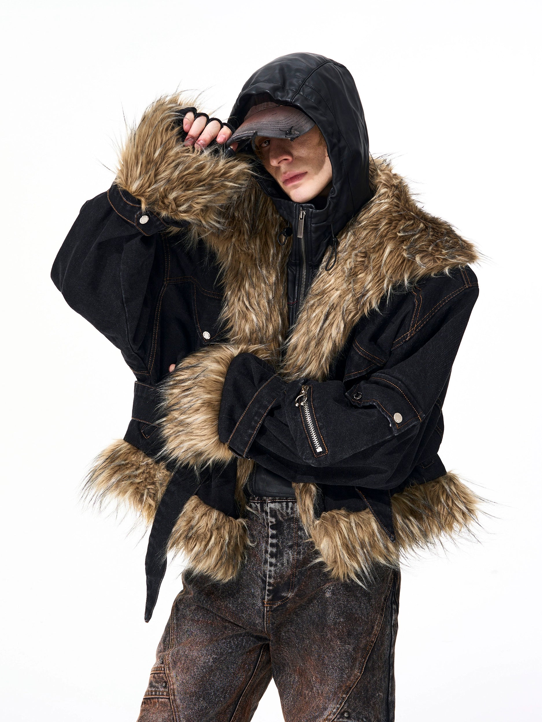 Black Denim Faux Fur Trim Belted Jacket