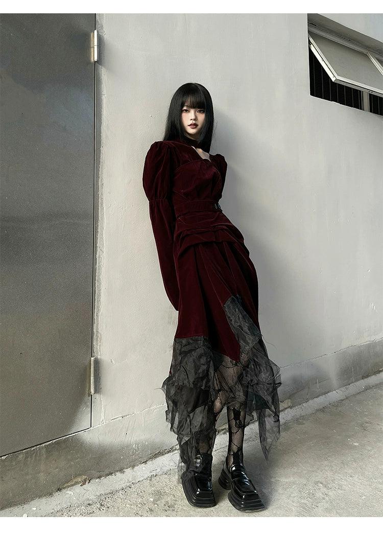 Ladyghost Gothic Victorian Maxi Dress - Women'S Burgundy Velvet And Black Mesh Layered Gown With Corset Belt