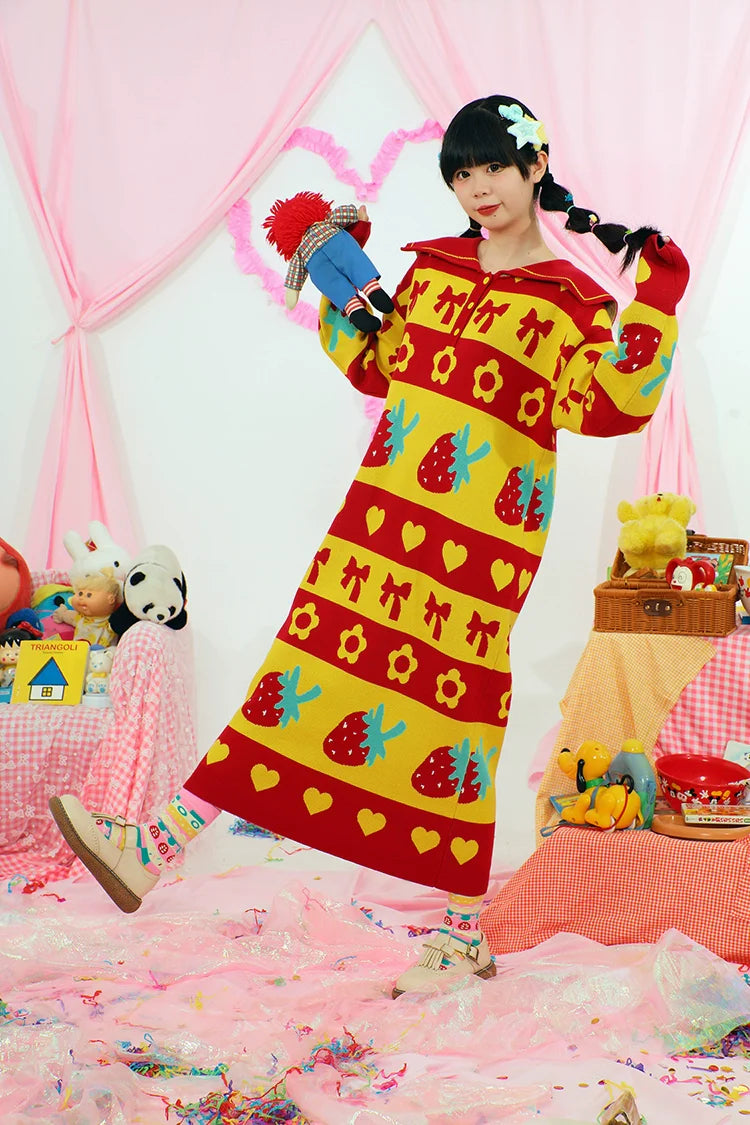Strawberry Pattern Hooded Knit Sweater Dress