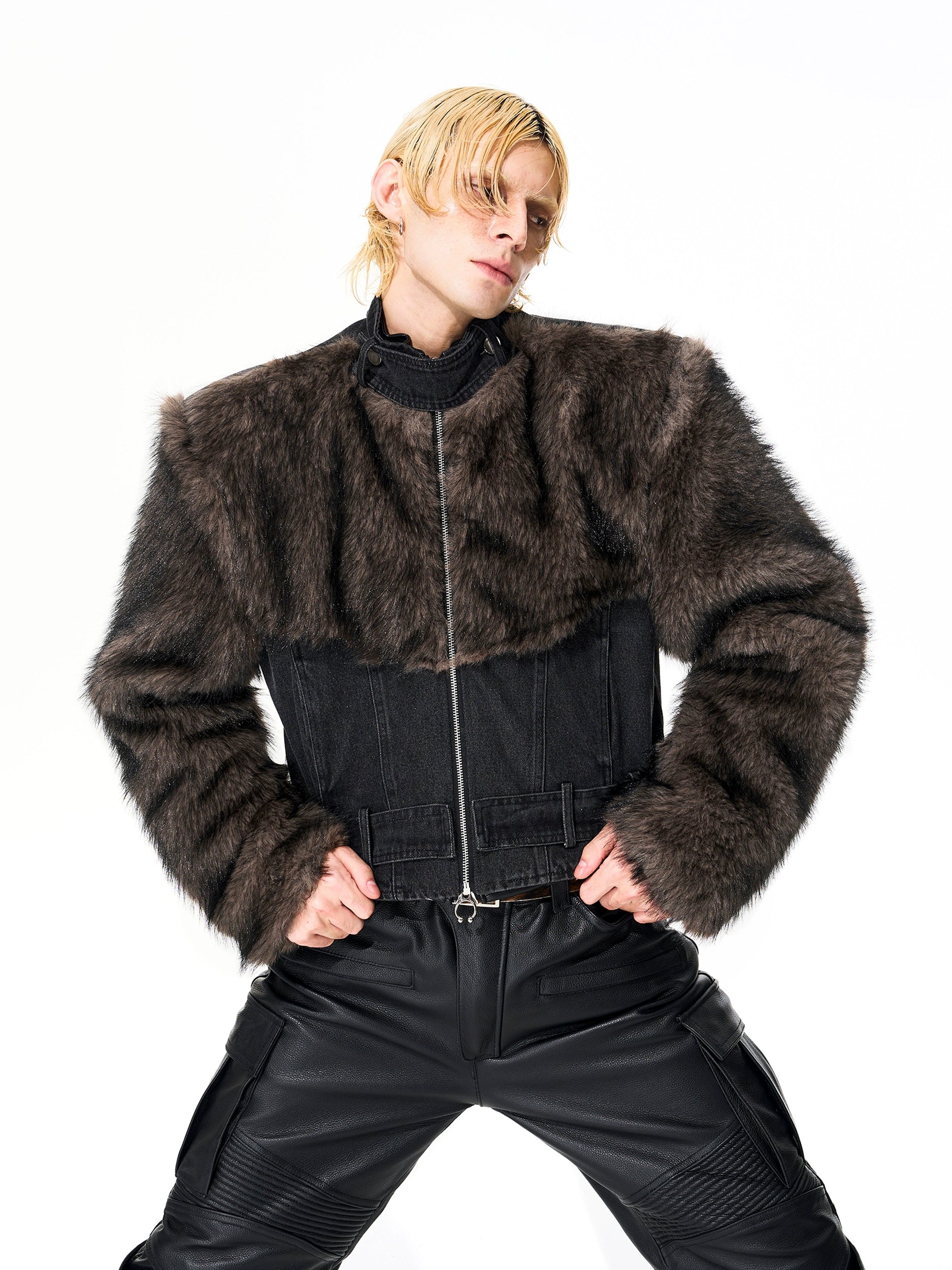 Black Denim Jacket with Faux Fur Sleeves and Shoulders
