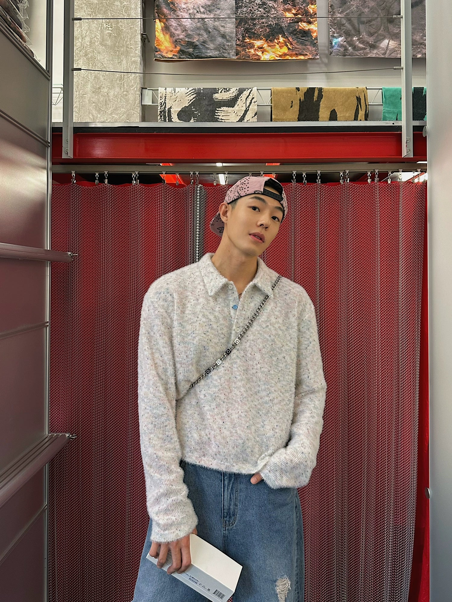Gray Speckled Button Collar Sweater