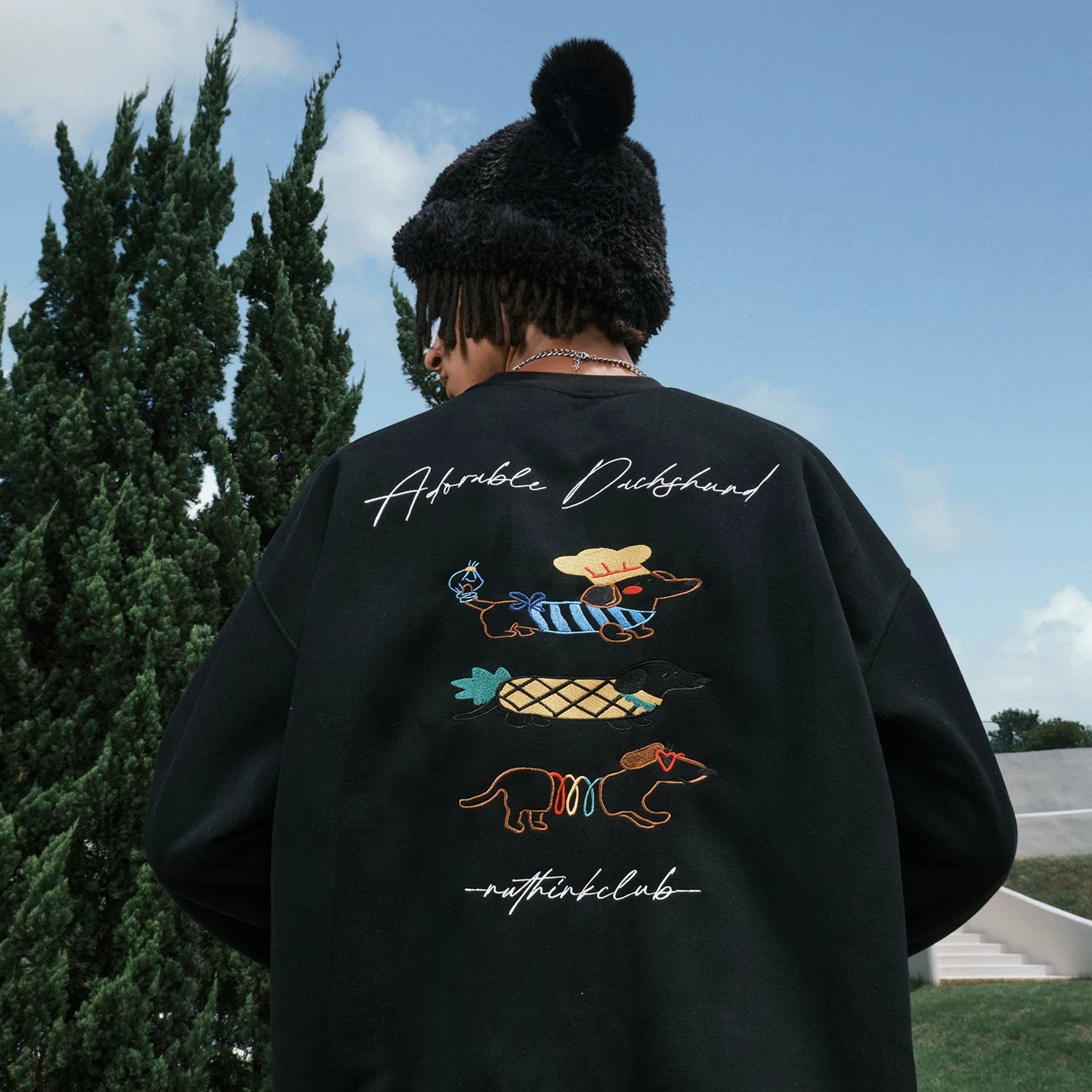 Embroidered Dachshund Graphic Oversized Sweatshirt