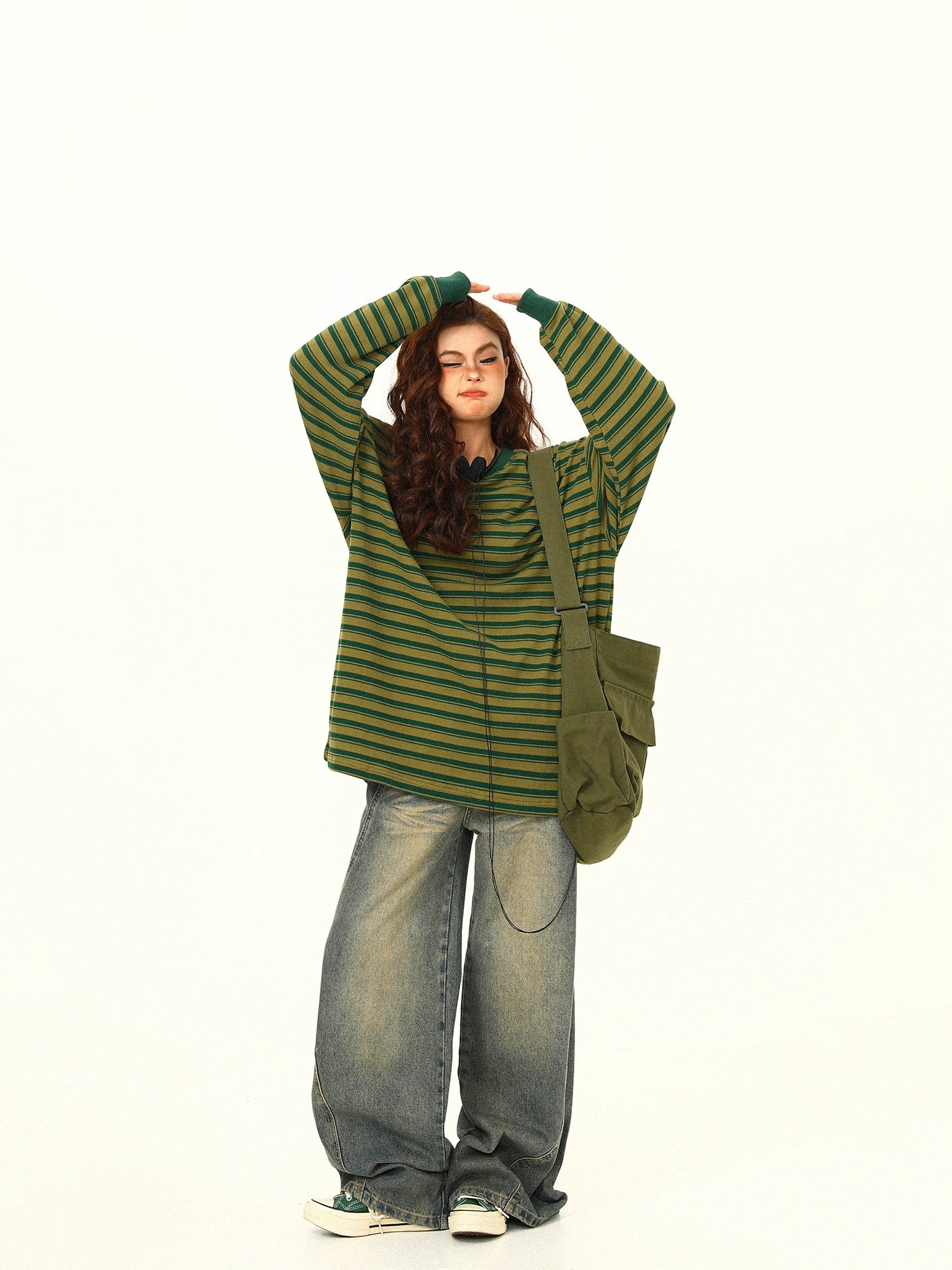 Green and Yellow Striped Oversized Long Sleeve Tee