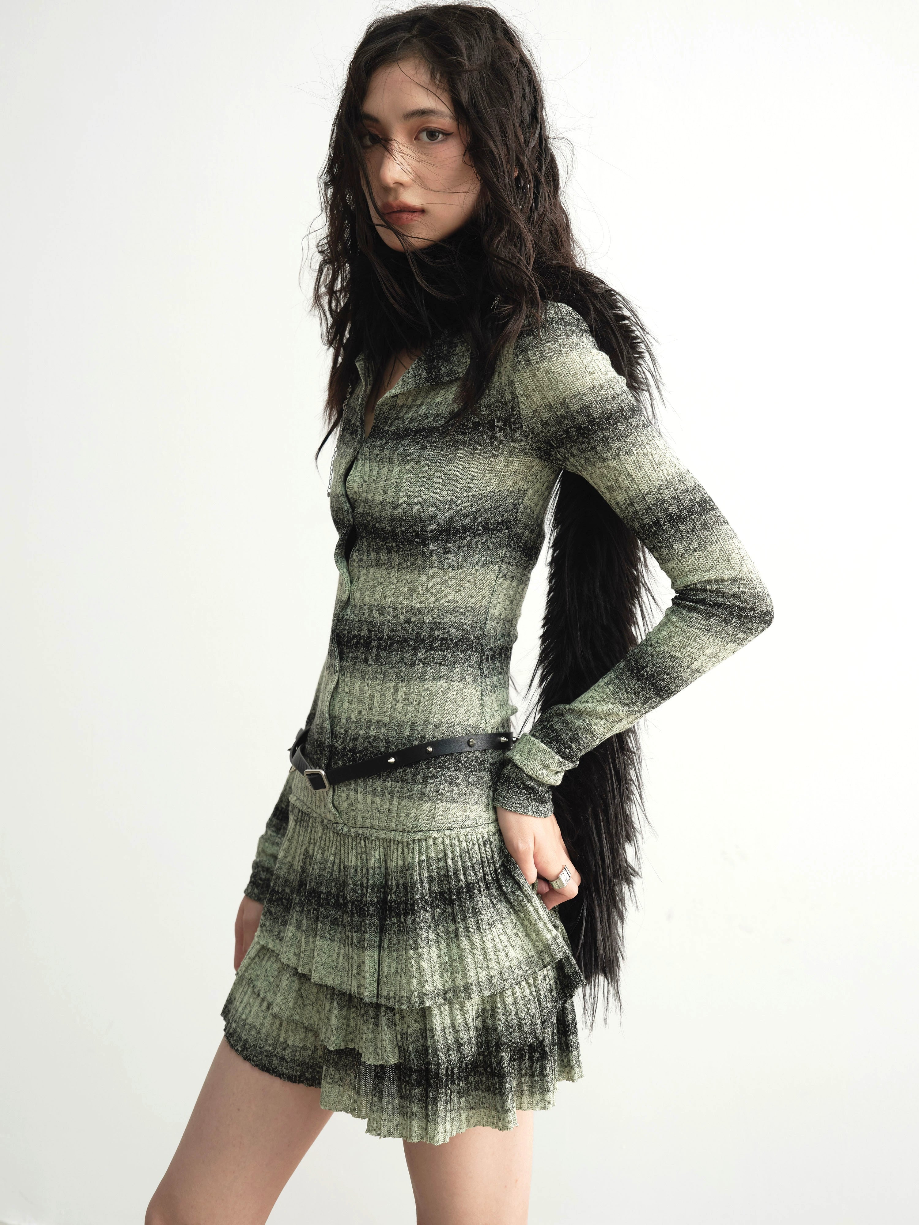 Striped Ribbed Ruffle Knit Dress