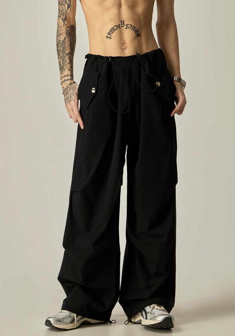 Wide-Leg Black Cargo Pants - Close-up View