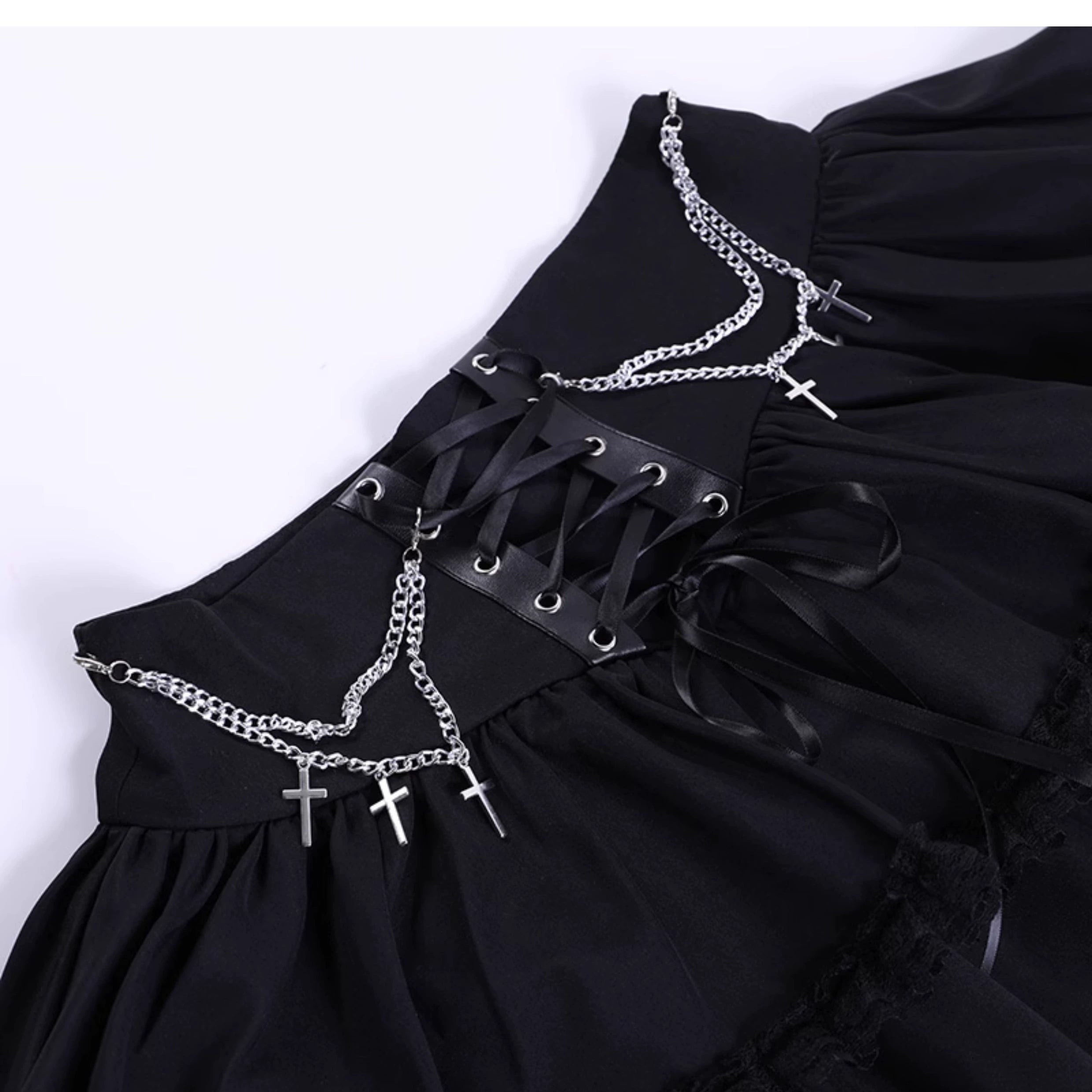 Wannathis Gothic Lolita Mini Skirt - Black Tiered Ruffle With Lace-Up Waist And Cross Chains