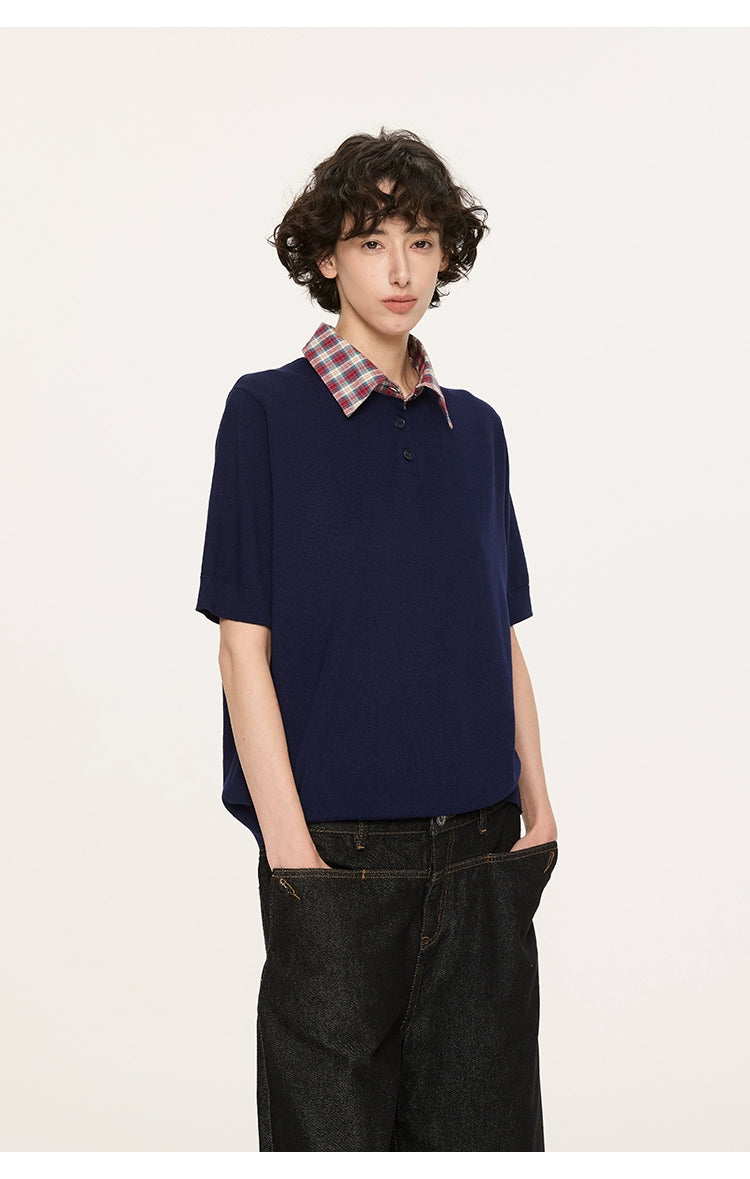 Contrast Plaid Collar Knit Polo Shirt