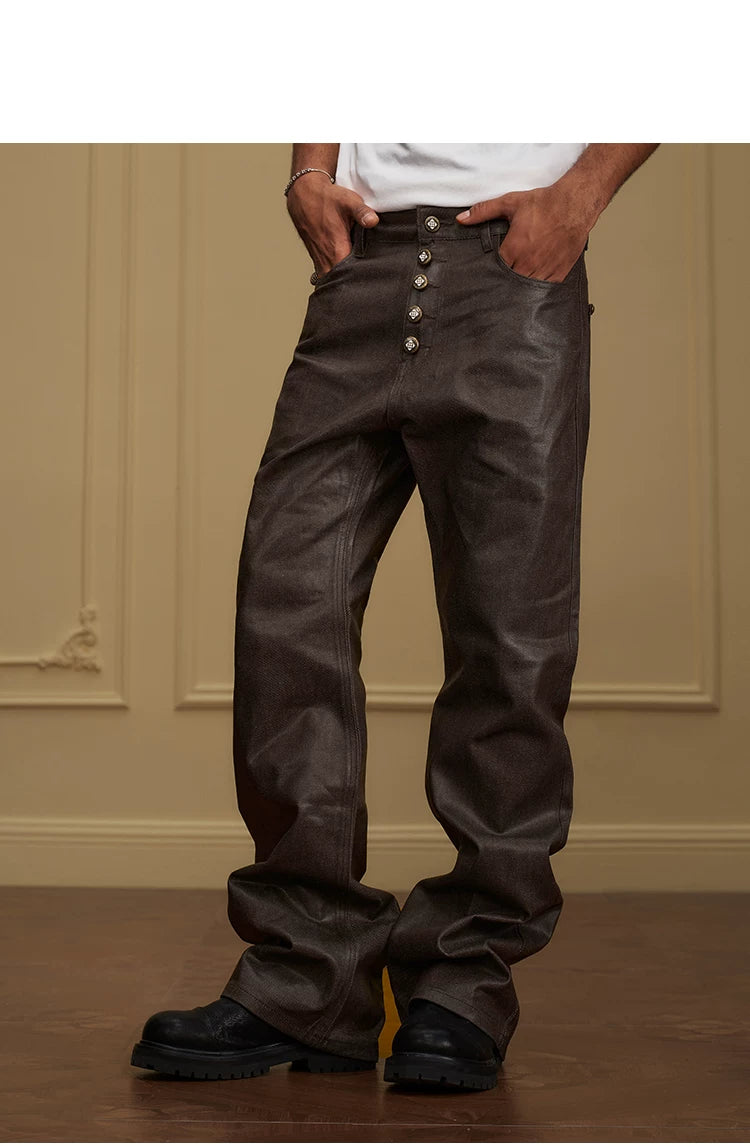 Button Fly Waxed Wide Leg Jeans