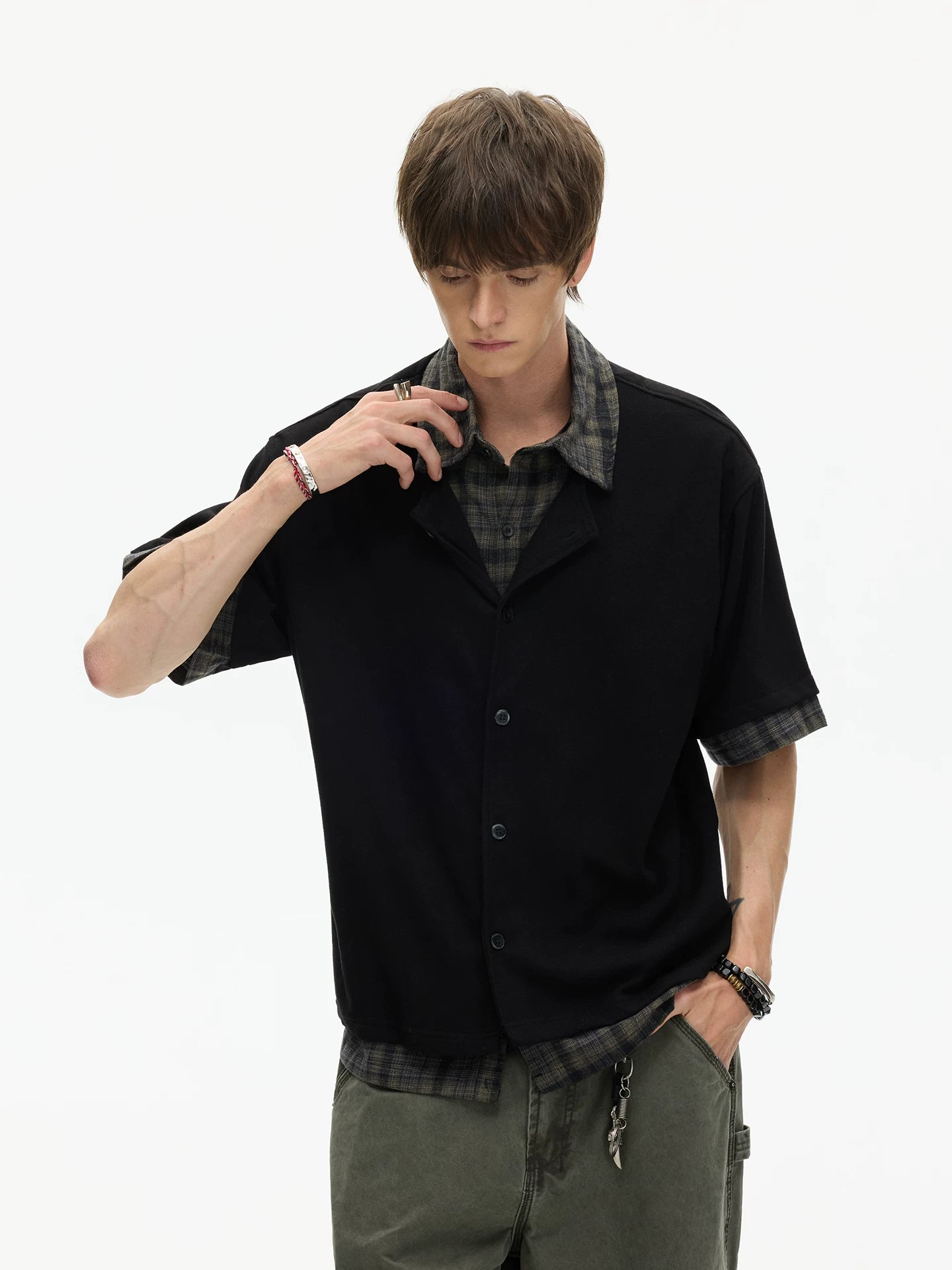 Layered Plaid Hem Knit Shirt