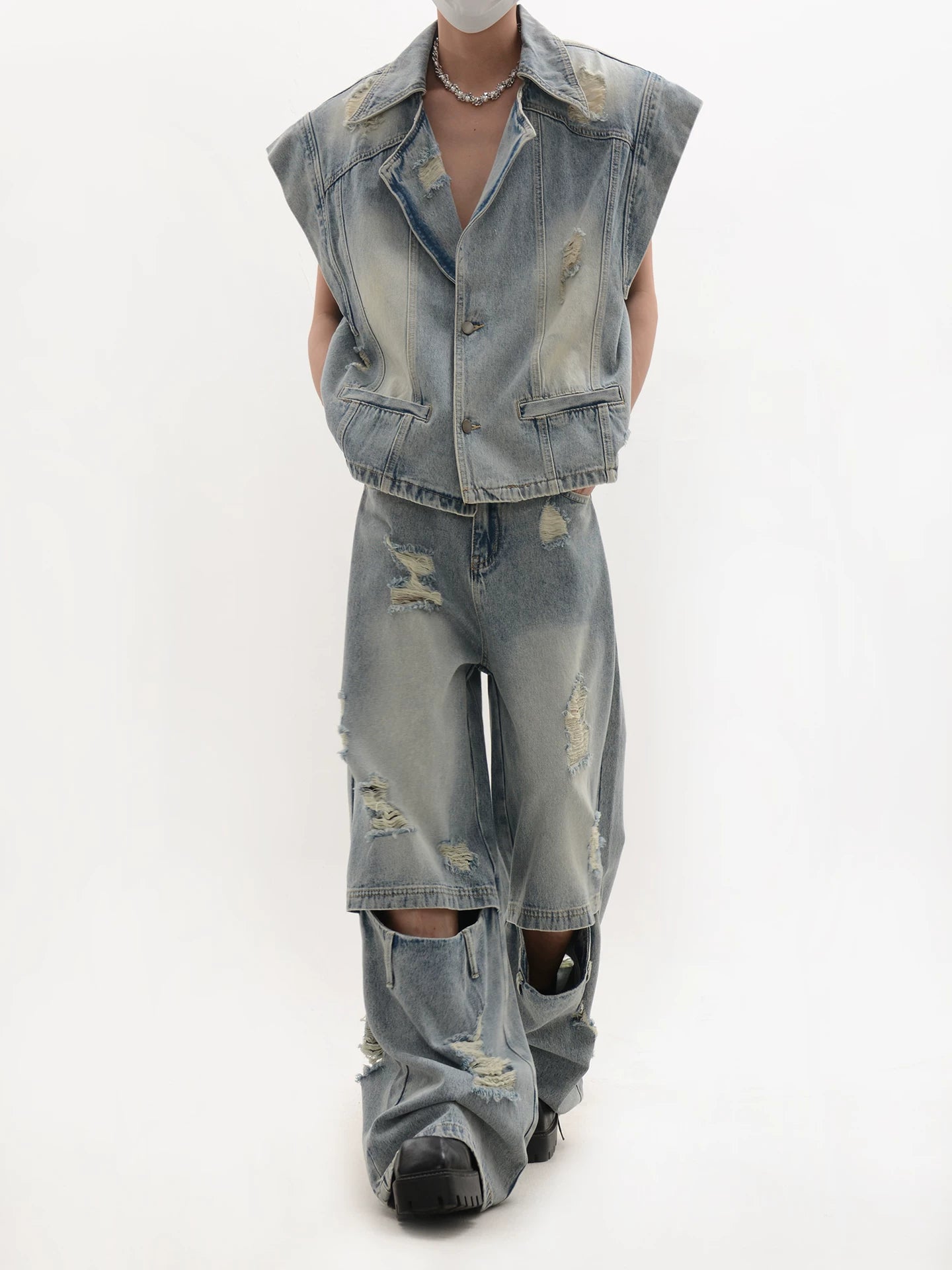 Distressed Oversized Shoulder Denim Vest