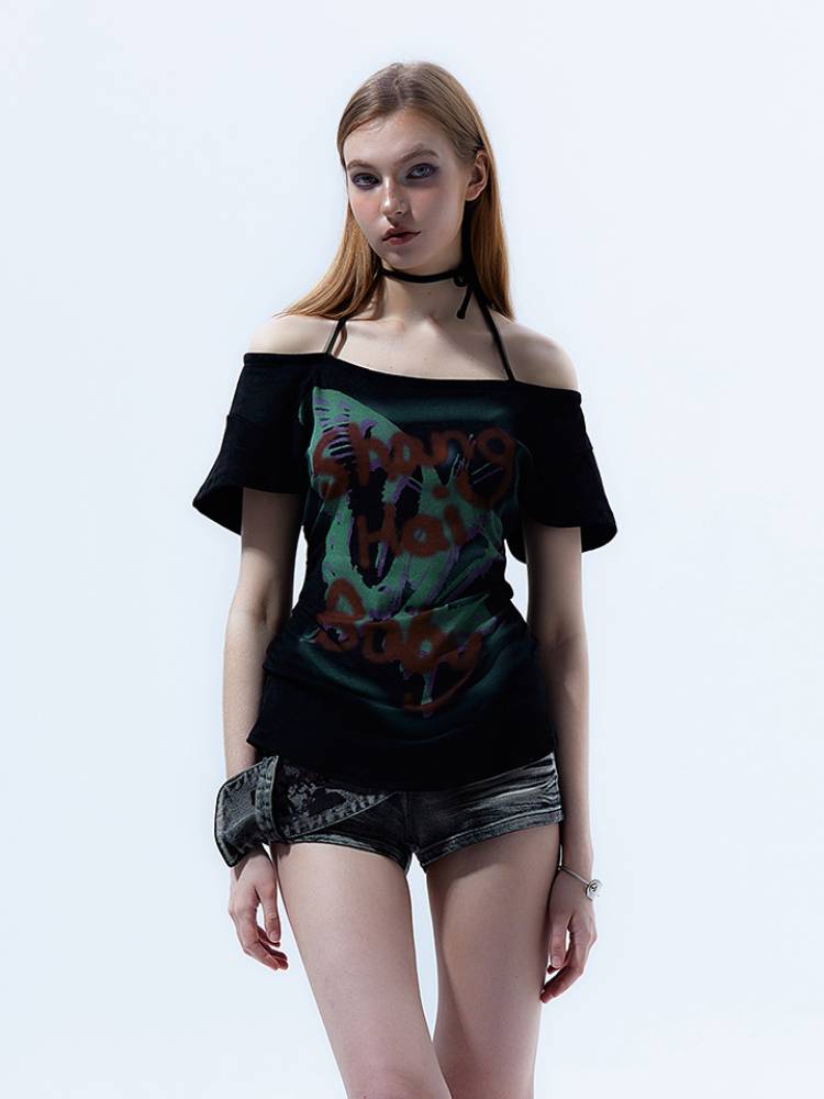 Off-shoulder Graffiti Print Top with Choker Detail