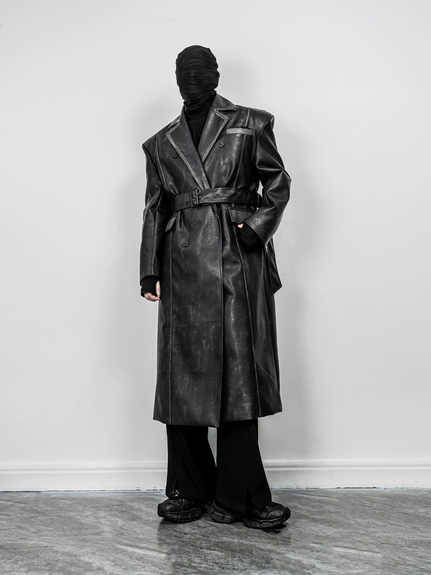 Long Belted Black Faux Leather Trench