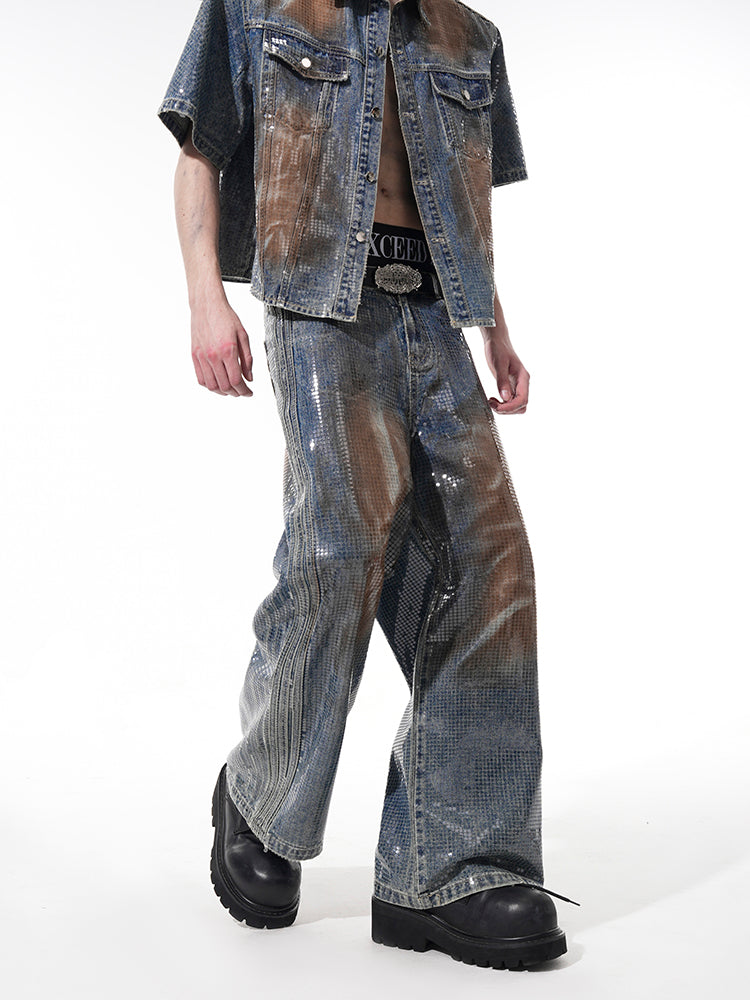 Hot Stamping Metallic Denim Jacket and Jeans Setup