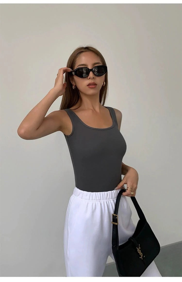 Summer Collection - Black Knitted Square Neck Camisole Top - chiclara