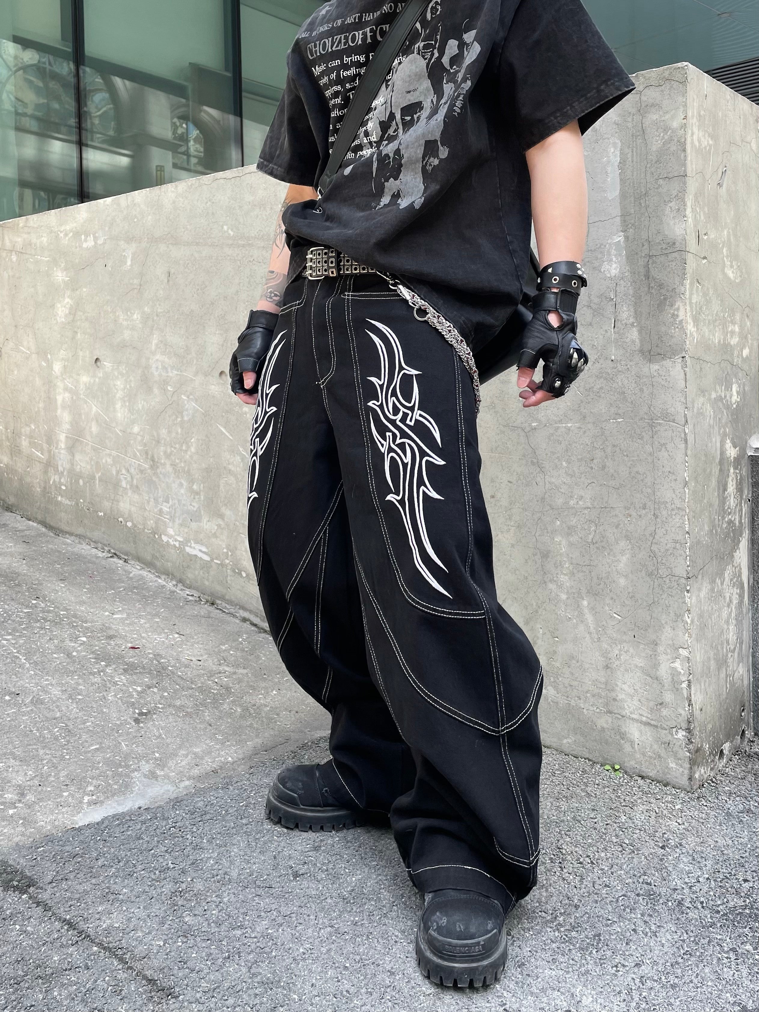 Stitch Embroidery Tribal Flame Wide Leg Jeans