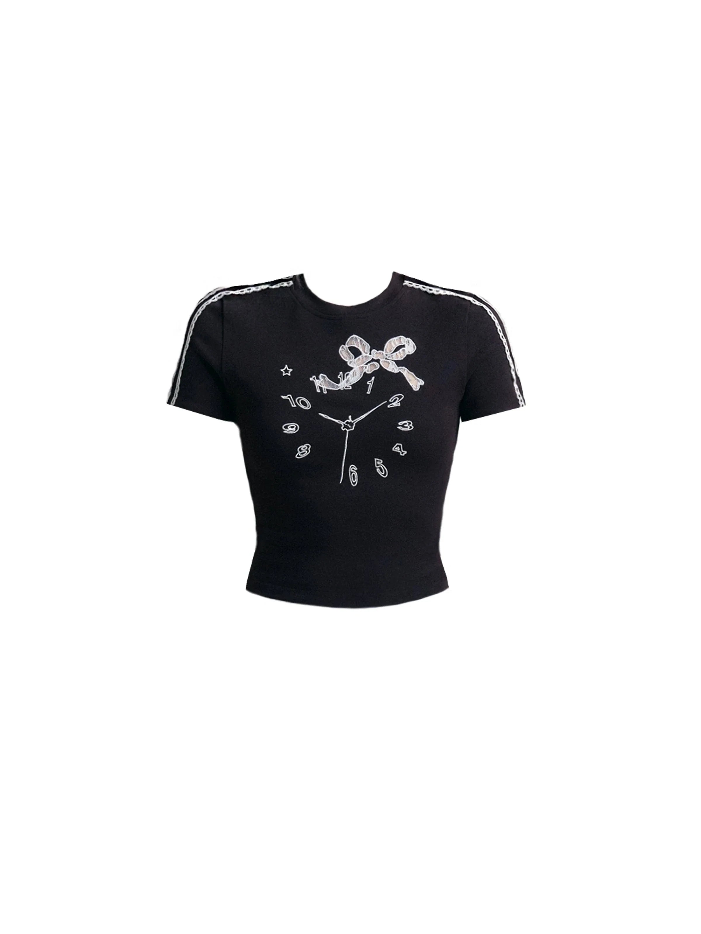 Whimsical Clock Face Crop Top with Glitter Bow - Retro Sporty Chic