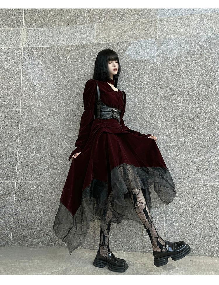 Ladyghost Gothic Victorian Maxi Dress - Women'S Burgundy Velvet And Black Mesh Layered Gown With Corset Belt