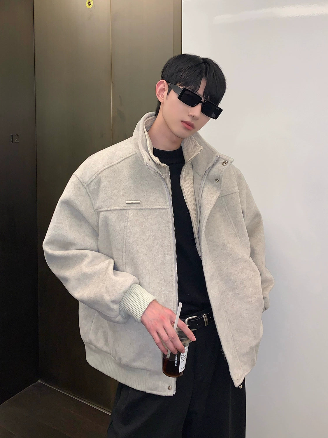 Bomber Jacket with Stand Collar and Ribbed Cuffs