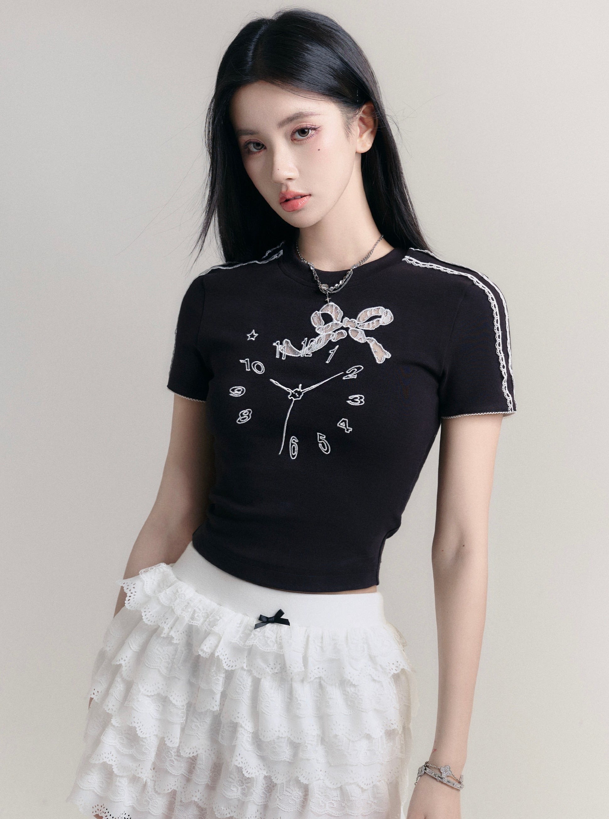 Whimsical Clock Face Crop Top with Glitter Bow - Retro Sporty Chic