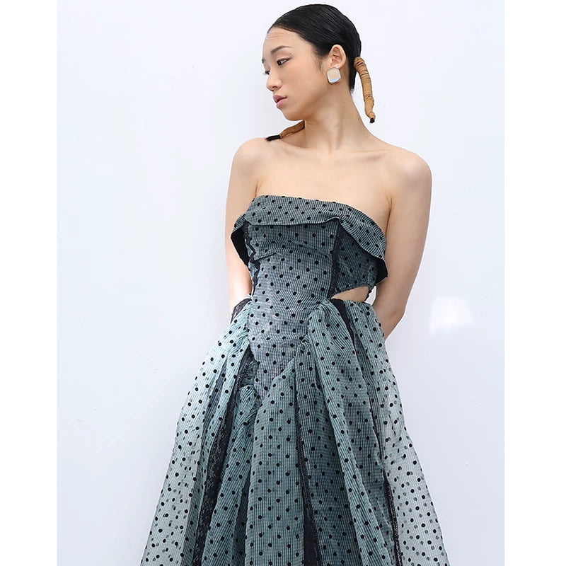 Sage Polka Dot Strapless Midi Dress