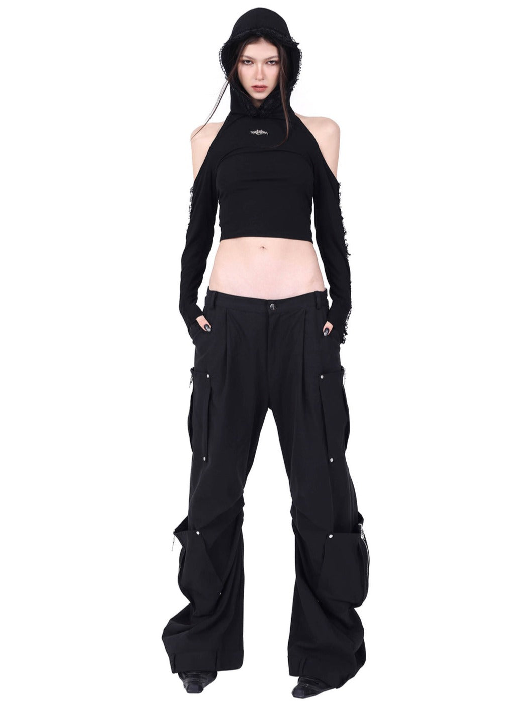 PINKSPINK Asymmetric Hooded Crop Top - Black