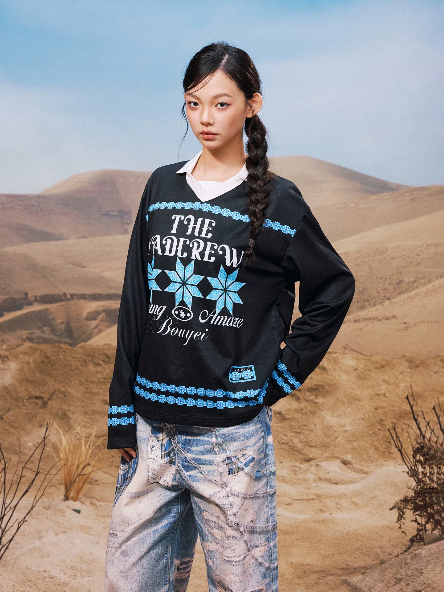 Geometric Graphic Collared Long Sleeve Shirt