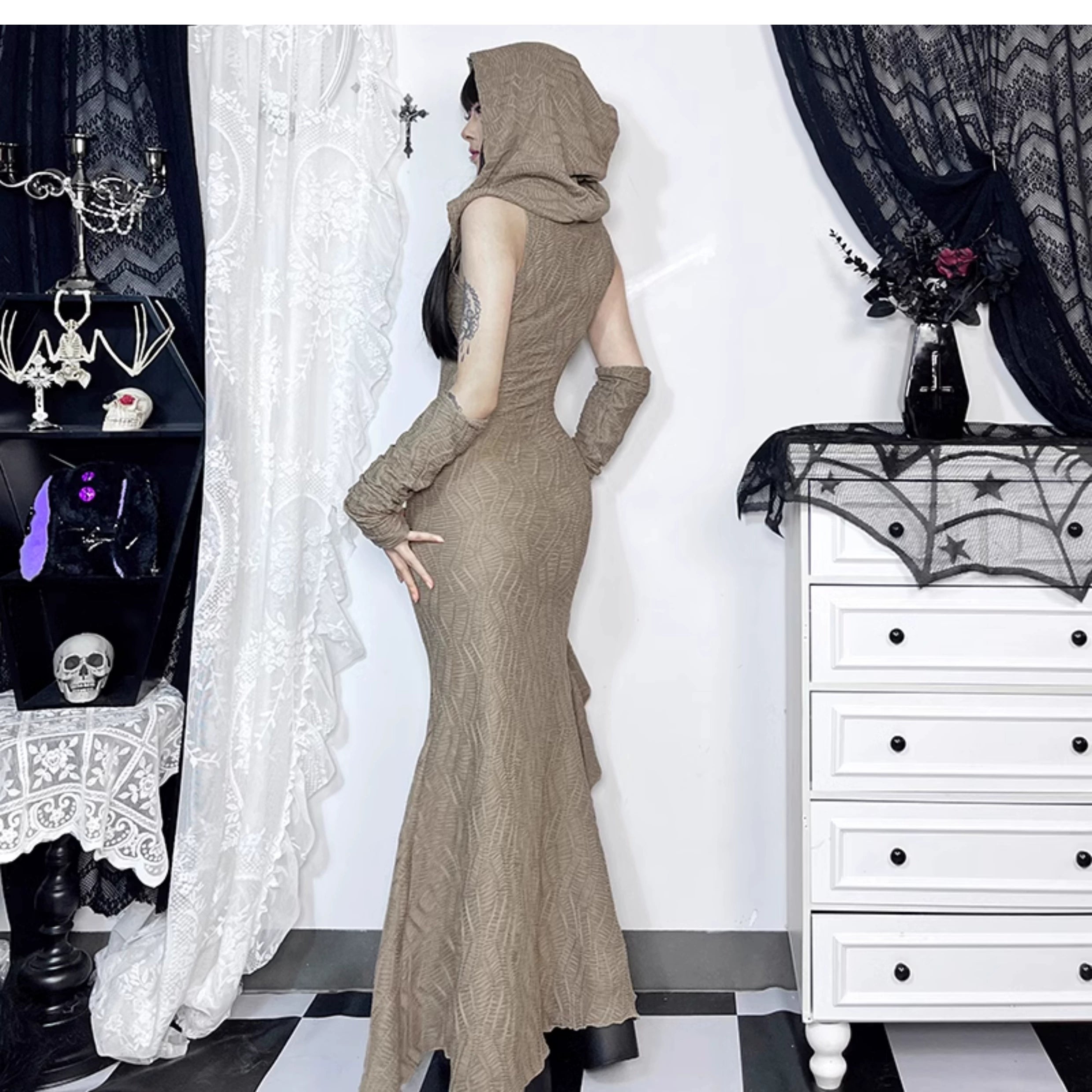 Wannathis Avant-Garde Hooded Maxi Dress - Taupe Cold Shoulder Gown With Ruffle Detail