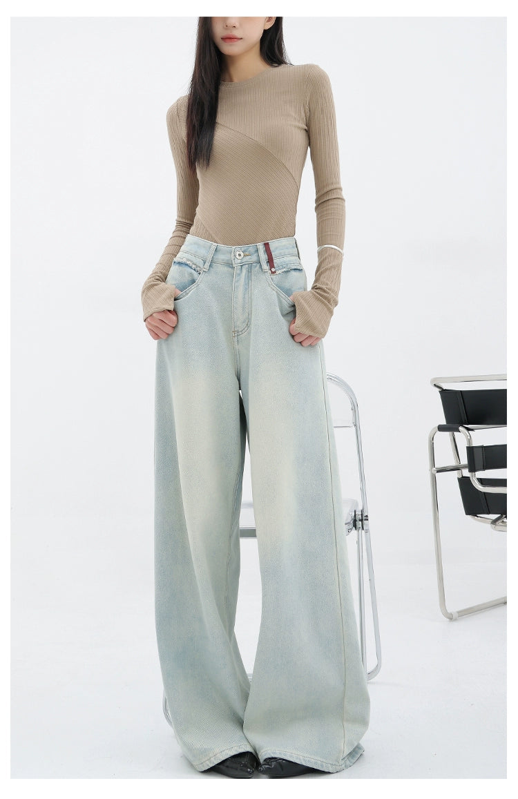 Light Blue Loose Straight Wide-Leg Denim Pants With Embroidery Design - chiclara