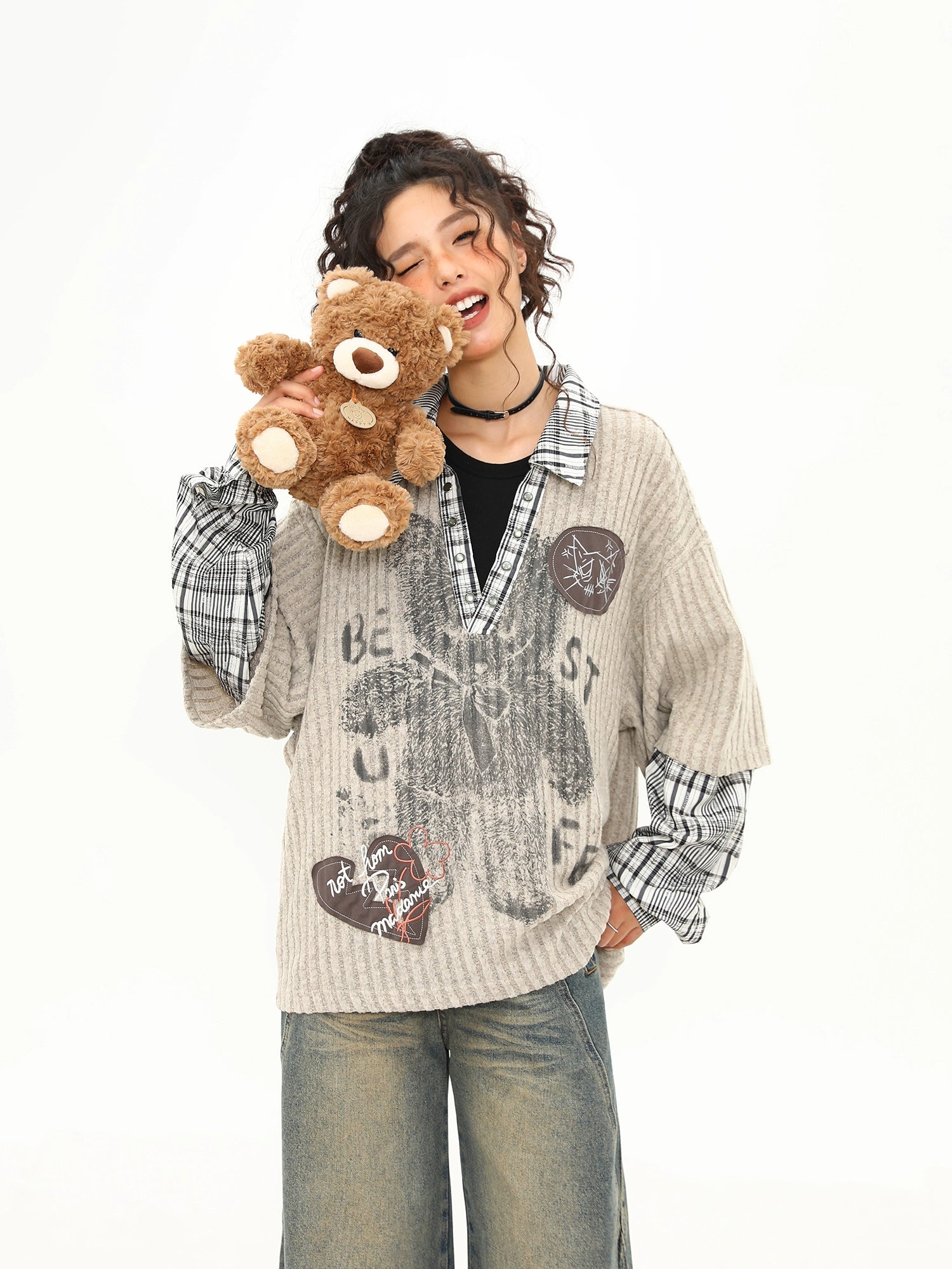 Teddy Graffiti Layered Knit Top