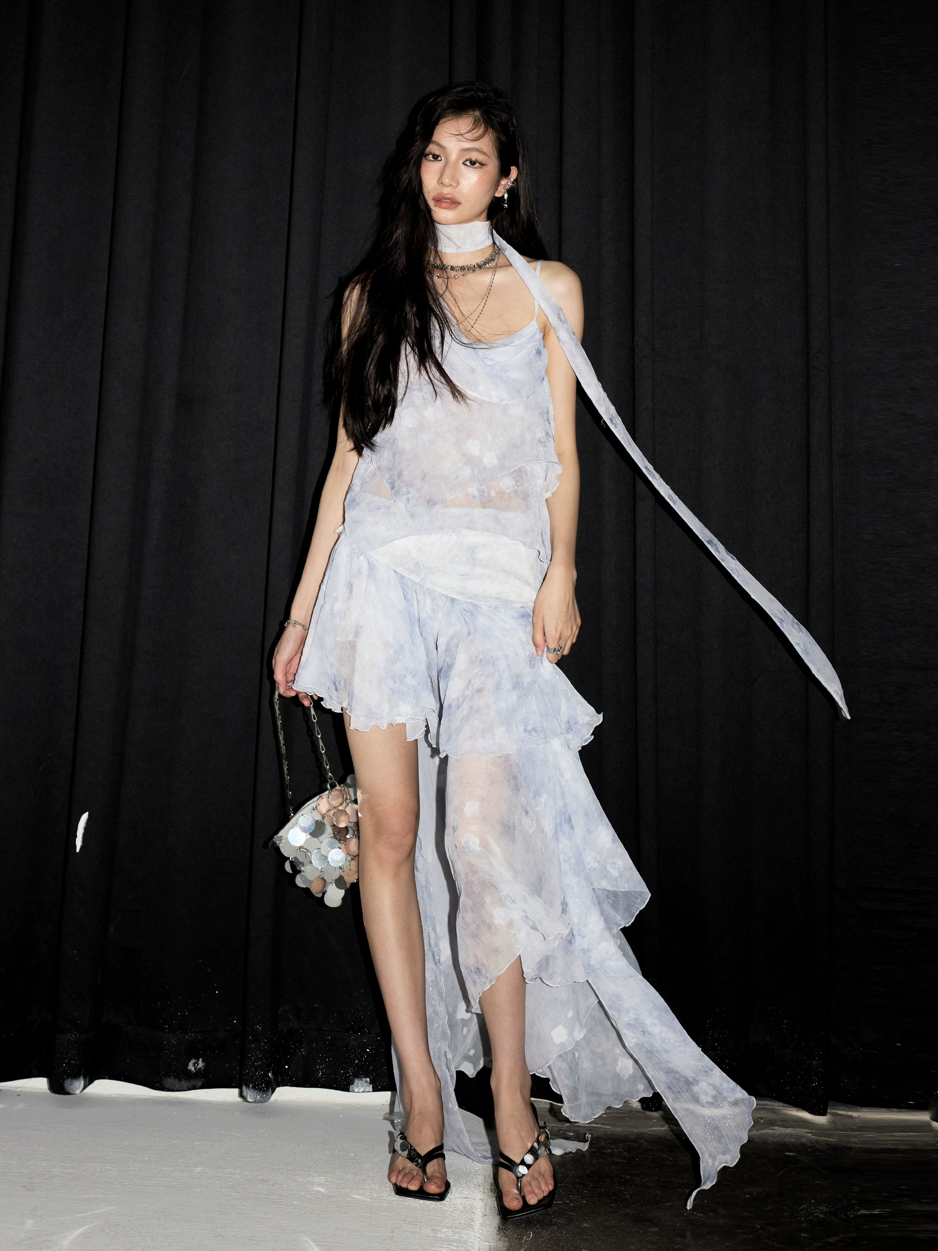 Asymmetrical High-Low Ruffled Lace Dress in Light Blue