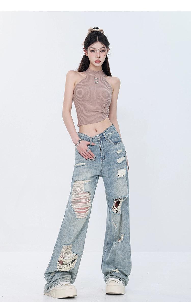 Vintage Grunge Distressed Wide-Leg Jeans