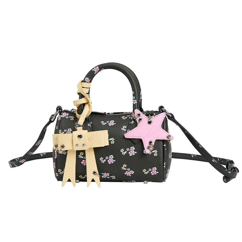 Floral Bow Mini Boston Crossbody Bag - Black Floral