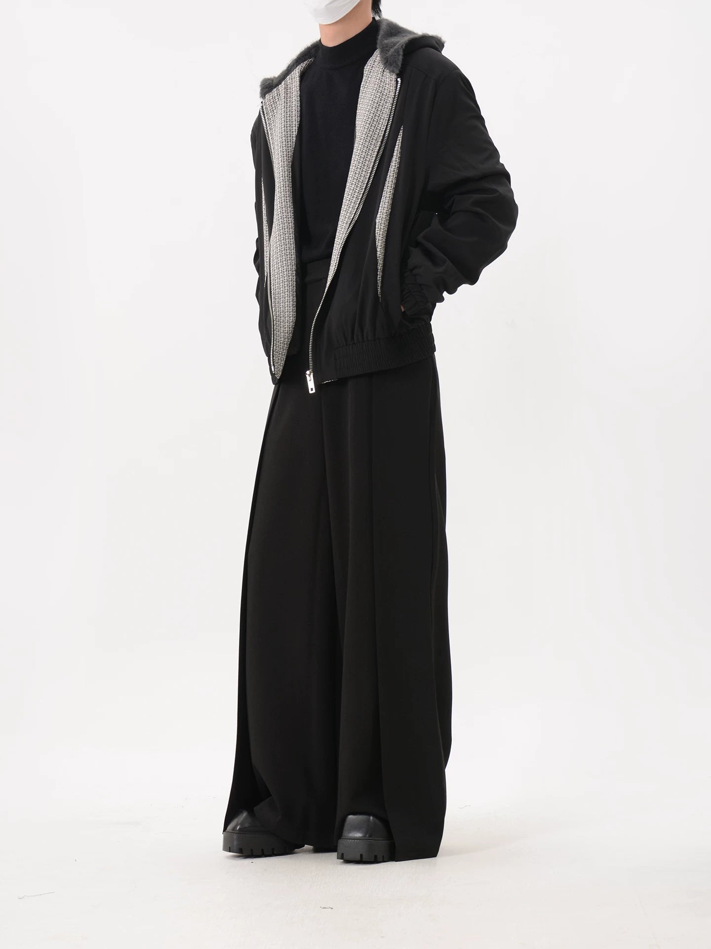 Contrast-Panel Faux Fur-Lined Hooded Bomber Jacket
