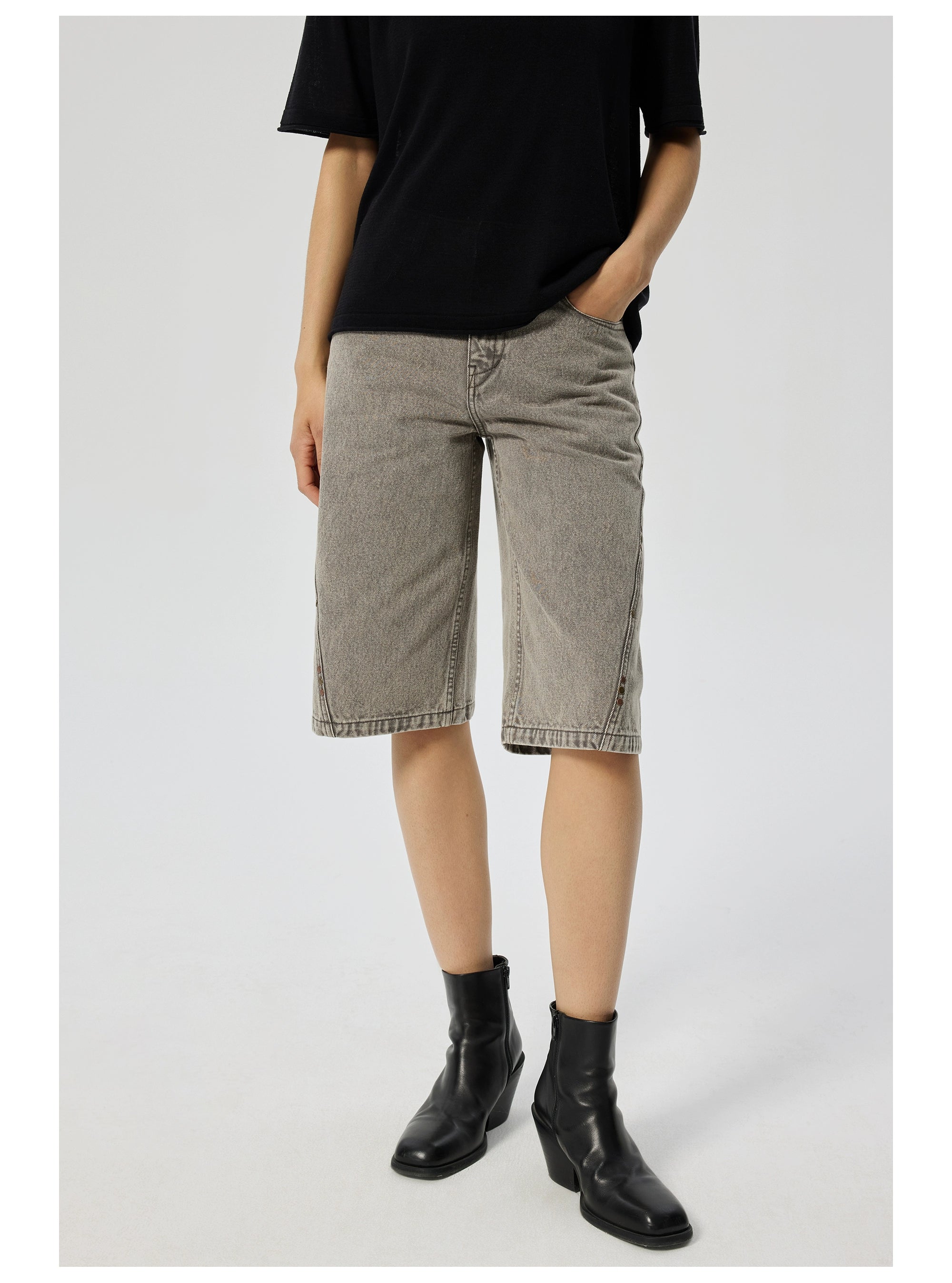 Gray Washed Denim Bermuda Shorts with Side Stud Detailing