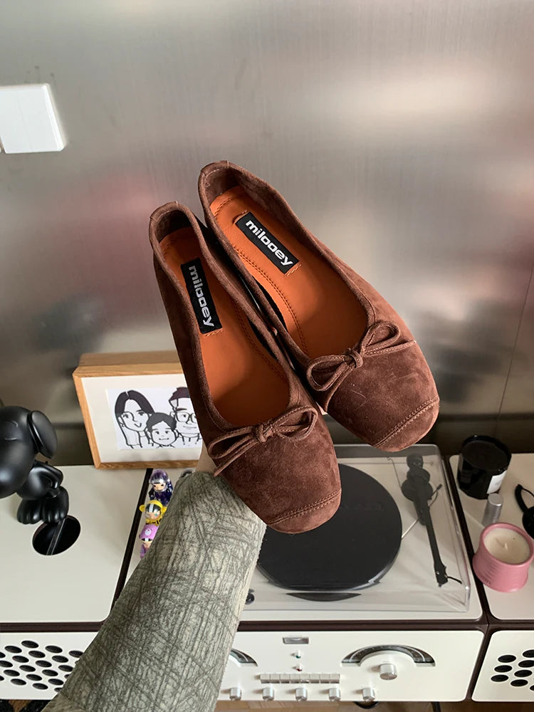 Bow-Trim Velvet Square-Toe Ballet Flats