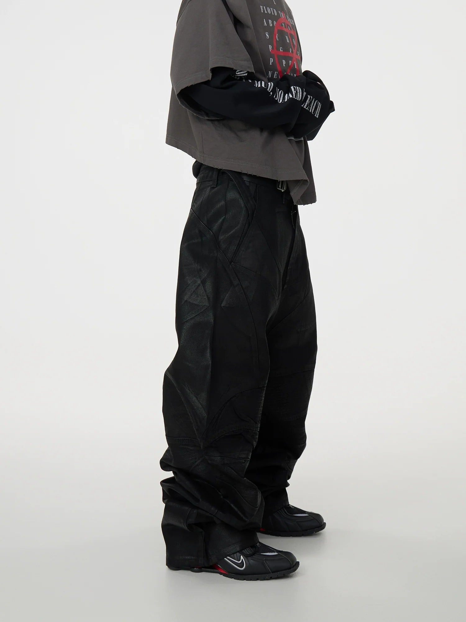 Black Patchwork Baggy Jeans with Buckle Details