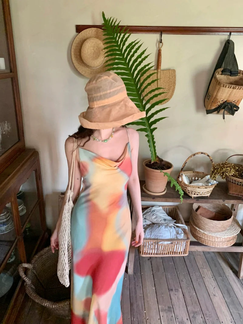 Colorful Abstract Print Spaghetti Strap Maxi Dress