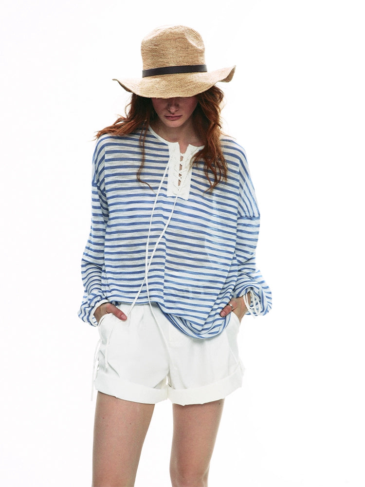 Nautical Lace-Up Striped Top