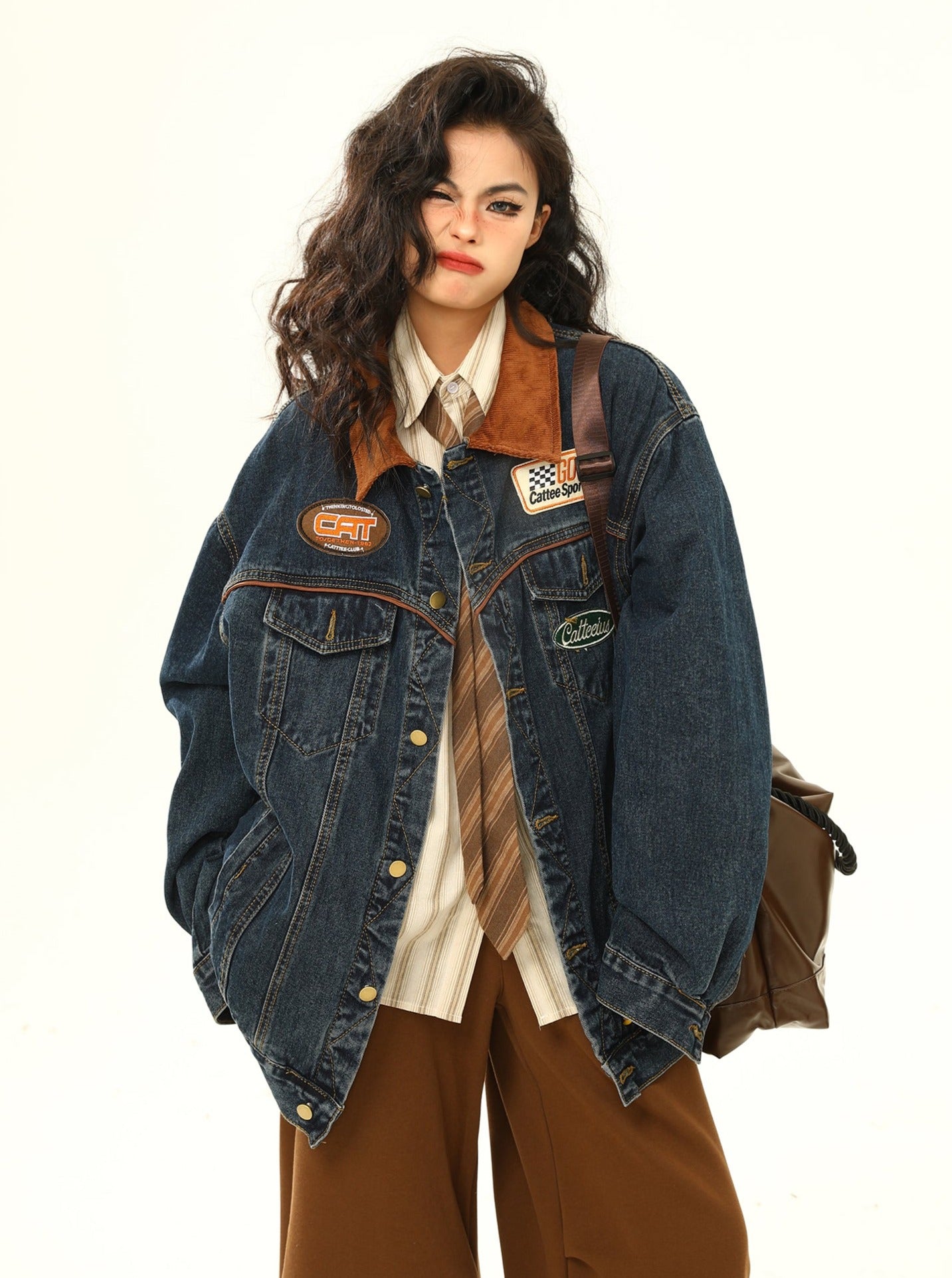 Racing Patch Denim Jacket with Corduroy Collar