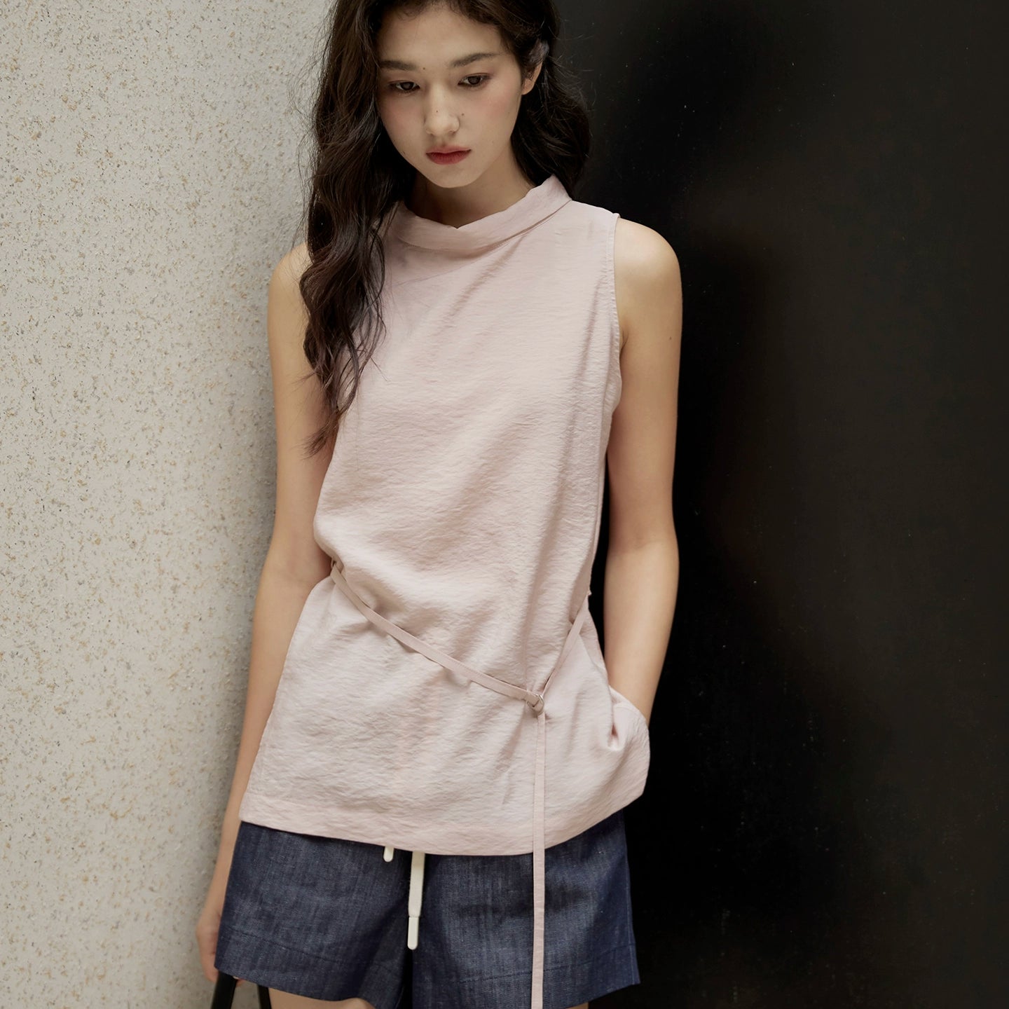 Sleeveless Light Pink Belted Top