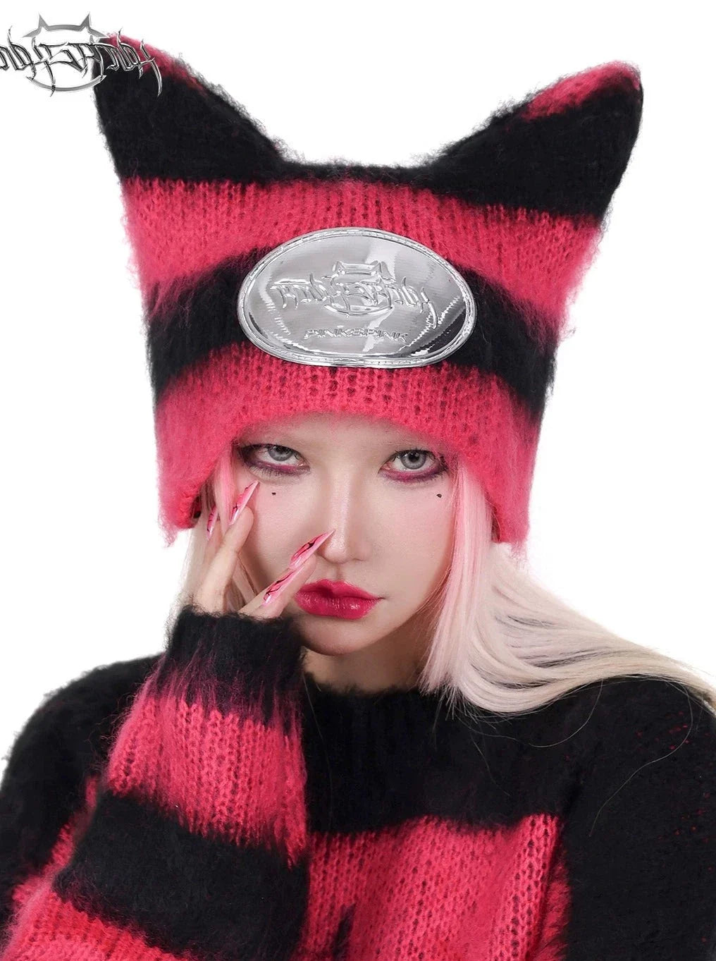 PINKSPINK Punk Cat Ear Beanie - Pink/Black Stripe