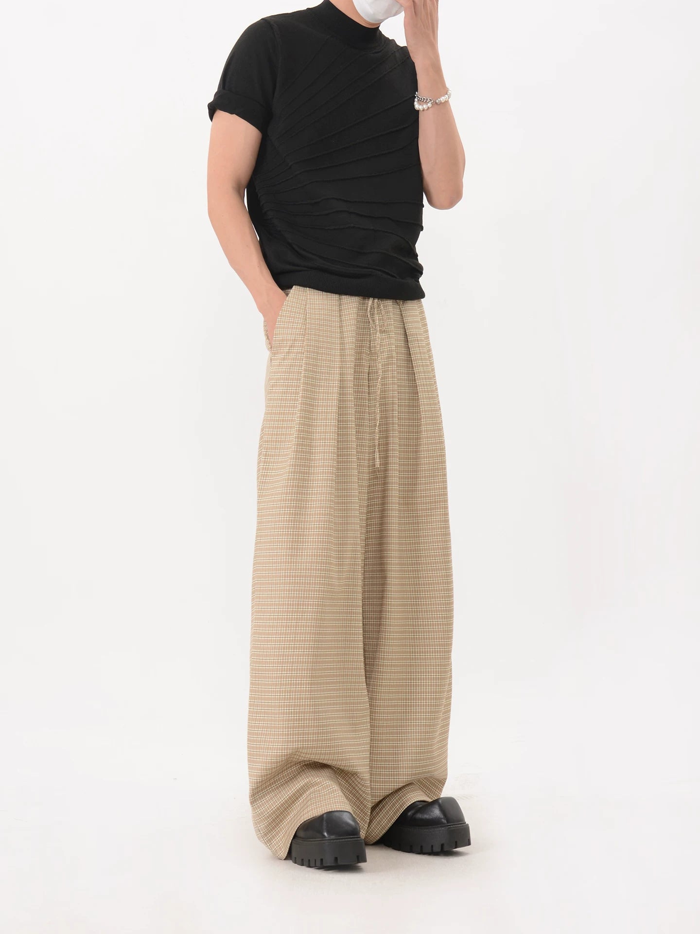 Plaid Pleated Relaxed Wide Leg Pants