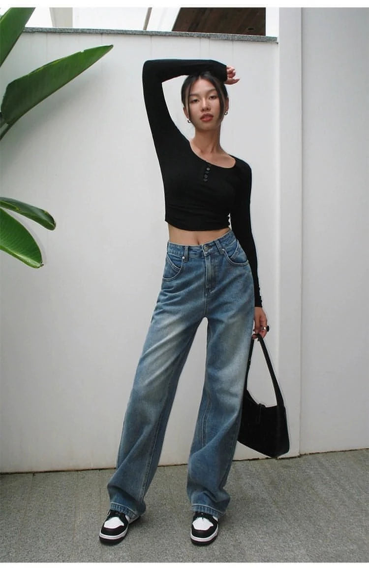 Summer Collection - Blue High-Waist Loose Wide-Leg Denim Jeans - chiclara