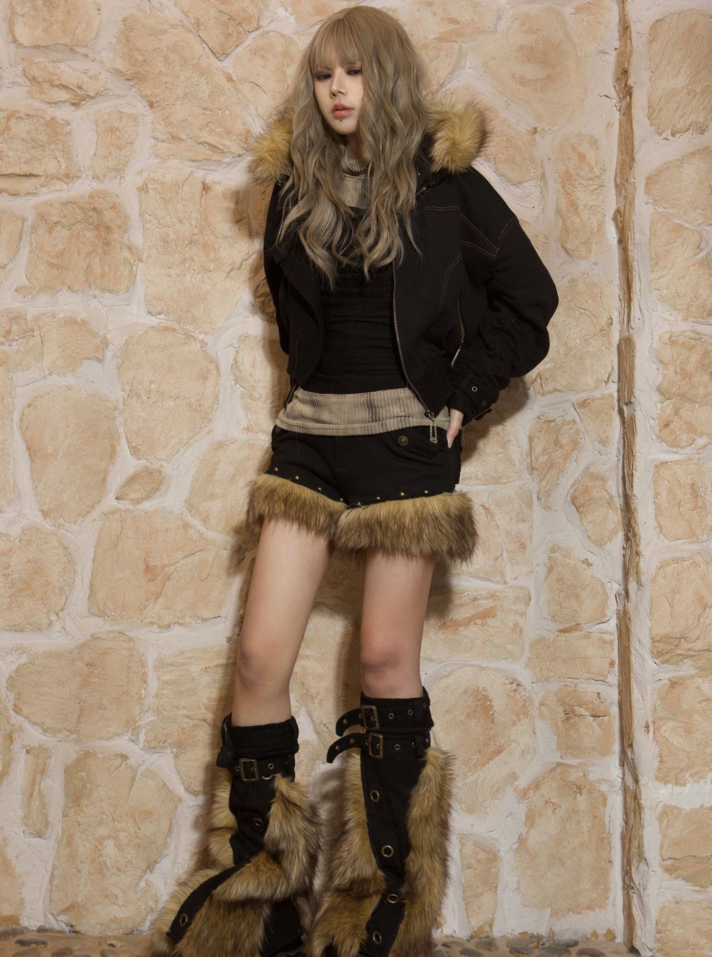 ARIADNAw Fur-Trimmed Boho Mini Skirt with Knee-High Boots - Black/Tan (Women's)