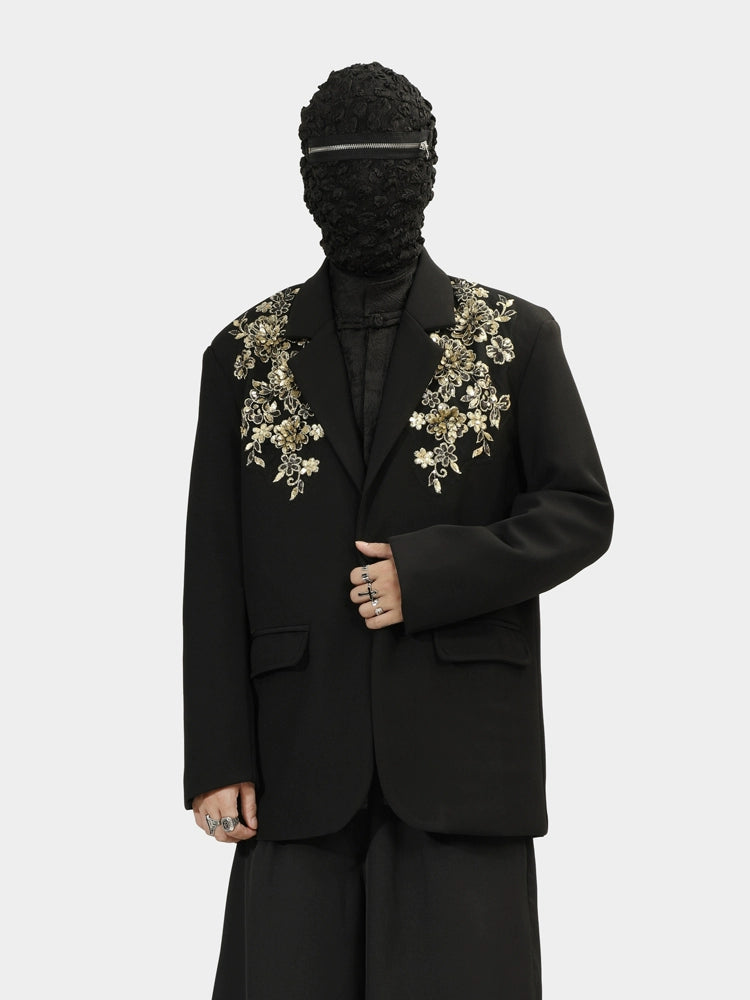 Black Blazer with Gold Floral Embroidery on Lapels