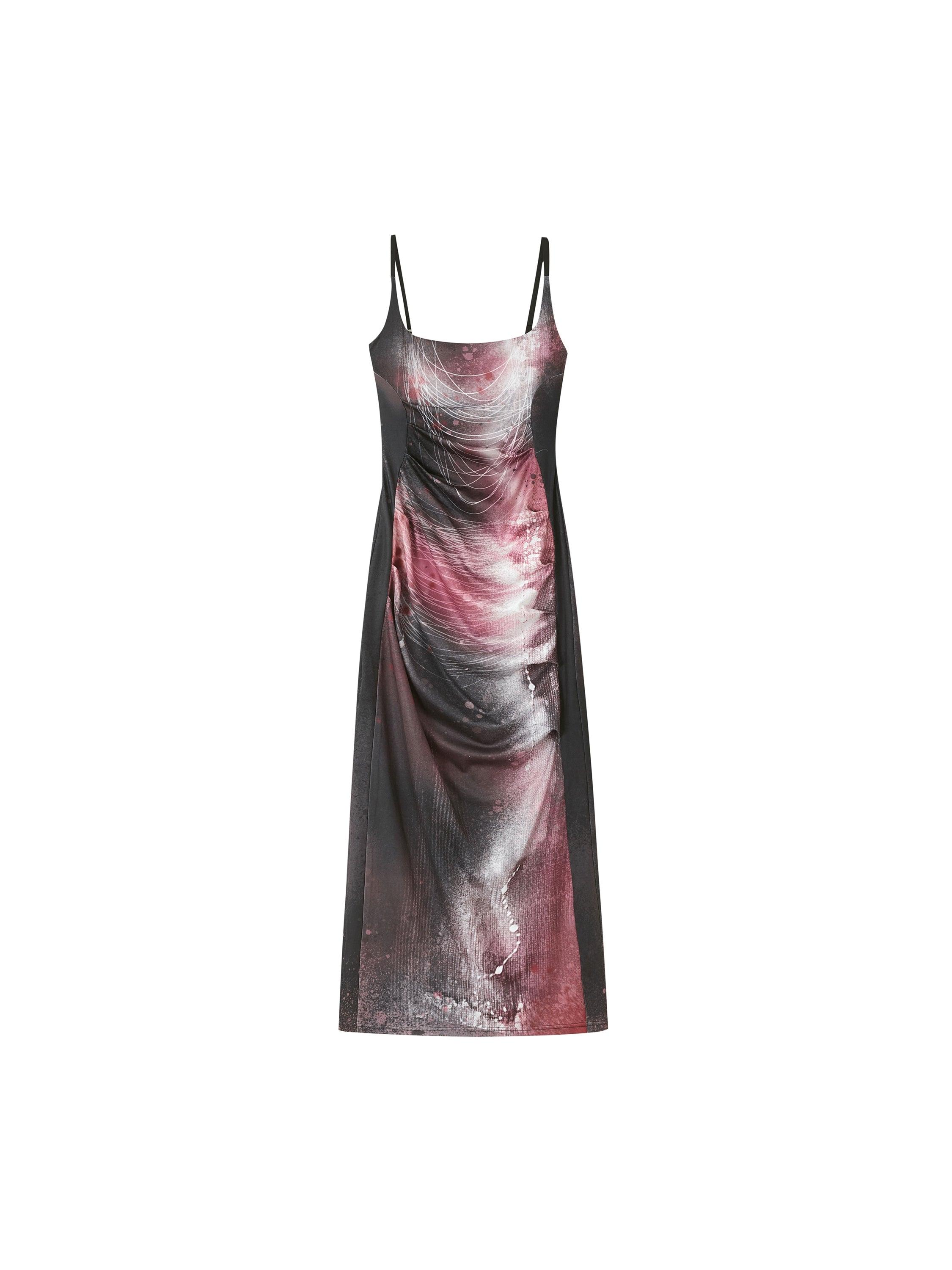 De Akiva Elegant Satin Slip Dress - Women's Spaghetti Strap Midi Vestido con estampado abstracto y detalles ruchados