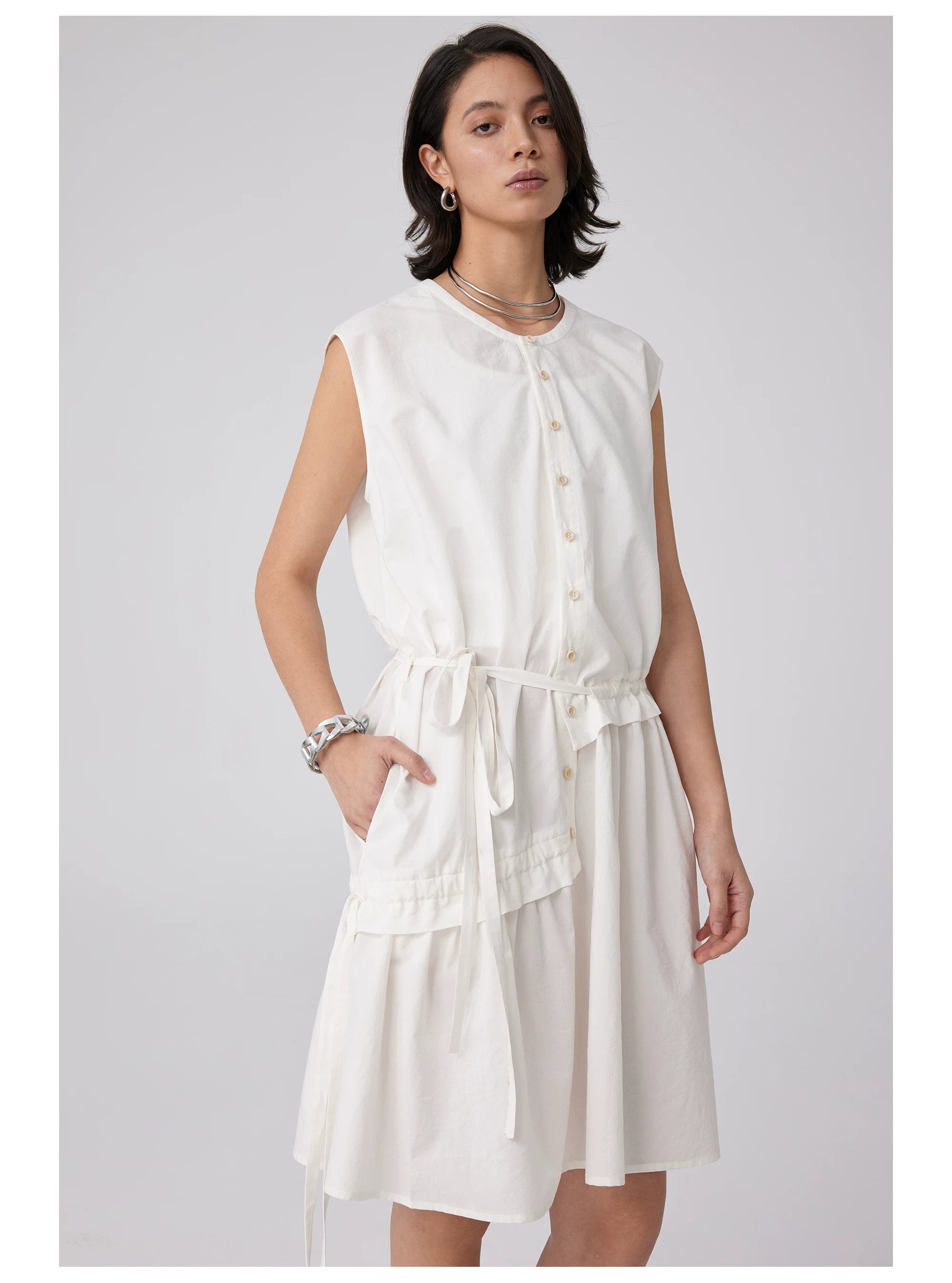 Sleeveless Button-Front Tie-Waist Dress