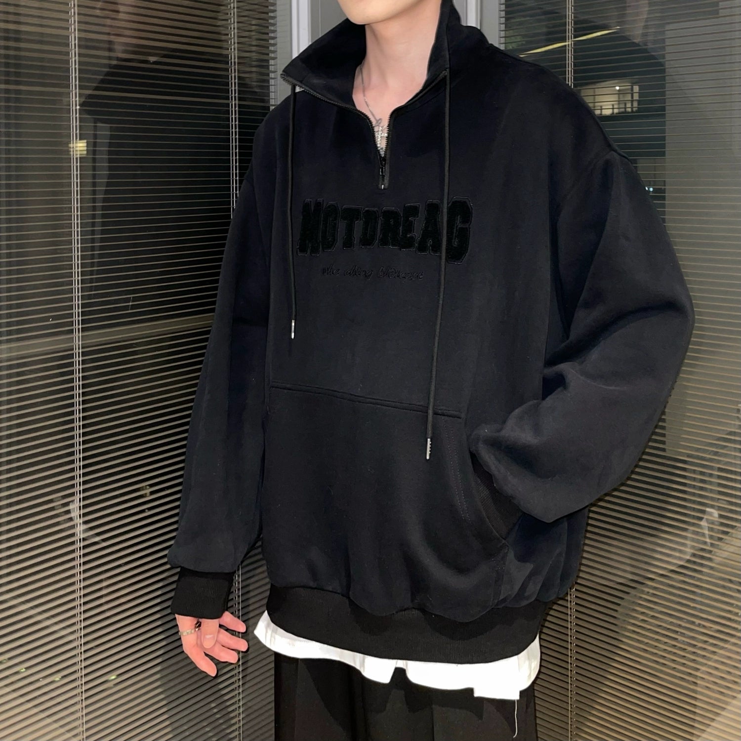 Quarter-Zip Mock Neck Sweatshirt with Embroidered Text